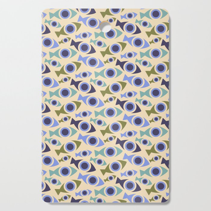 Geometric Fish Pattern - Blue and Olive Cutting Board Gallery Image 1