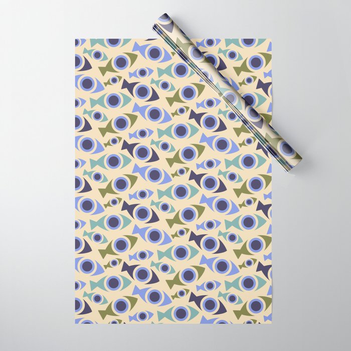 Geometric Fish Pattern - Blue and Olive Wrapping Paper Gallery Image 1