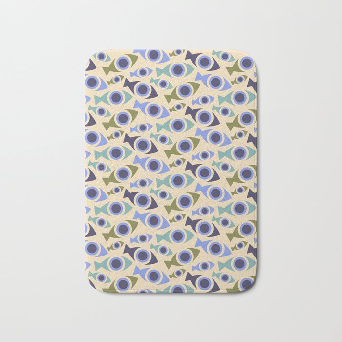 Geometric Fish Pattern - Blue and Olive Bath Mat Gallery Image 1