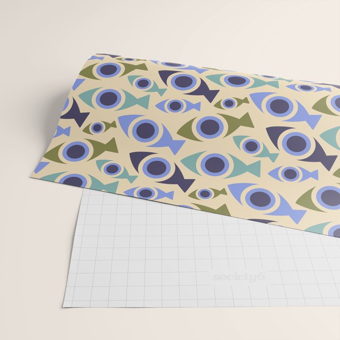 Geometric Fish Pattern - Blue and Olive Wrapping Paper Gallery Image 2