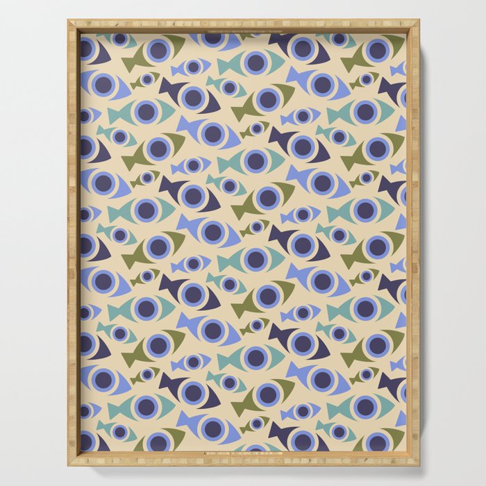 Geometric Fish Pattern - Blue and Olive Serving Tray Gallery Image 1
