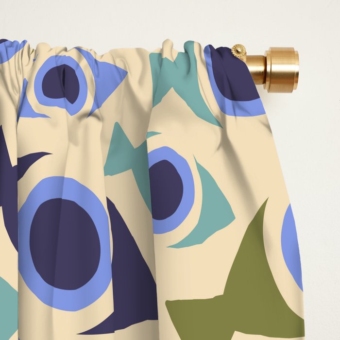 Geometric Fish Pattern - Blue and Olive Window Curtain Gallery Image 2