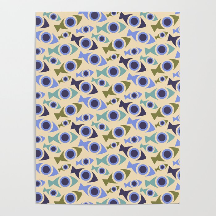 Geometric Fish Pattern - Blue and Olive Poster Gallery Image 4