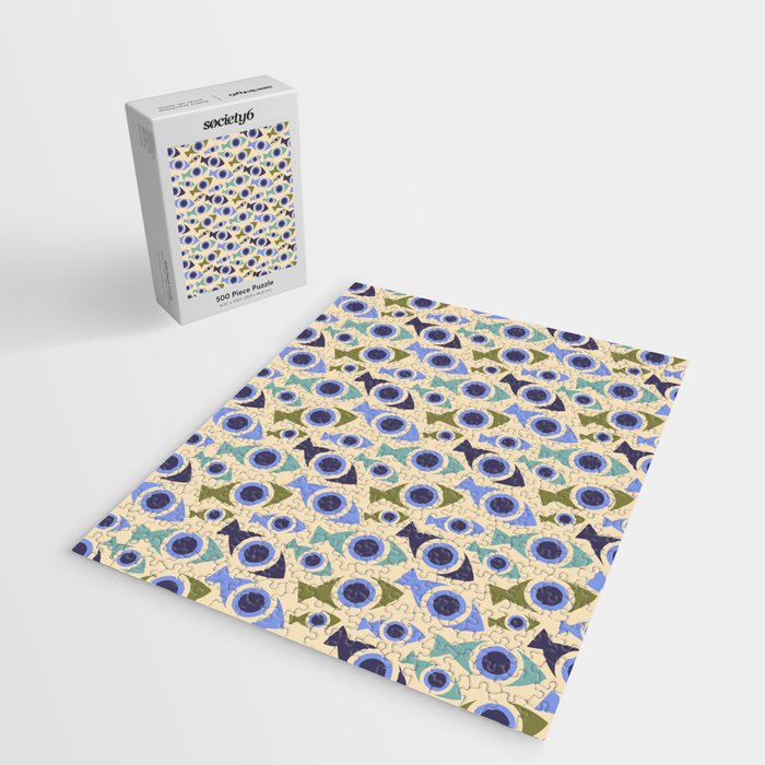 Geometric Fish Pattern - Blue and Olive Jigsaw Puzzle Gallery Image 2