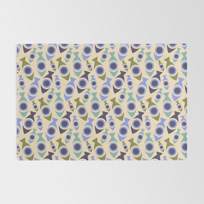 Geometric Fish Pattern - Blue and Olive Rug Gallery Image 2