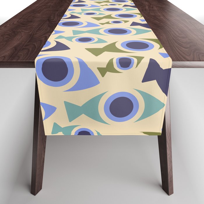 Geometric Fish Pattern - Blue and Olive Table Runner Gallery Image 1