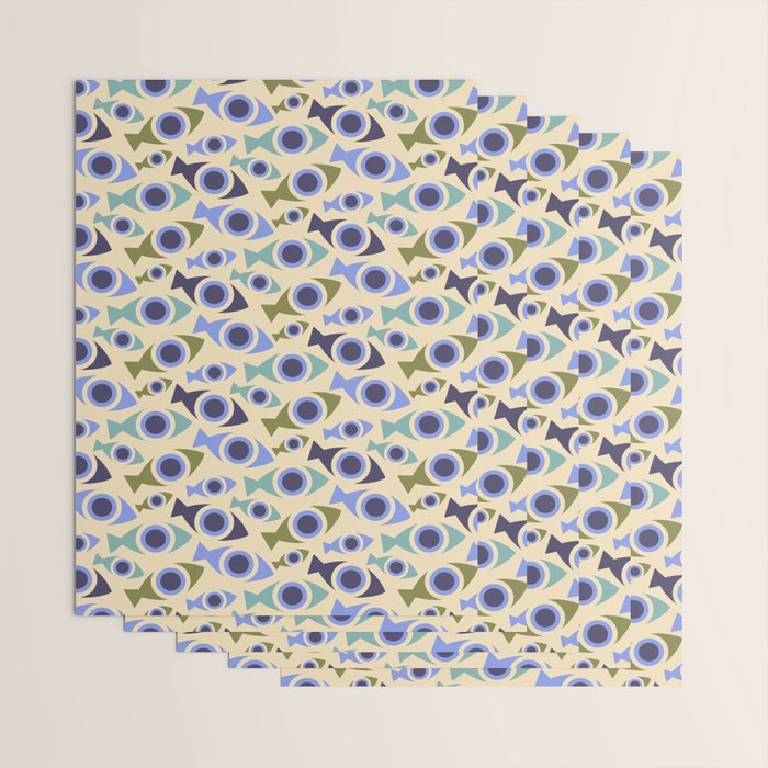 Geometric Fish Pattern - Blue and Olive Wrapping Paper Gallery Image 3