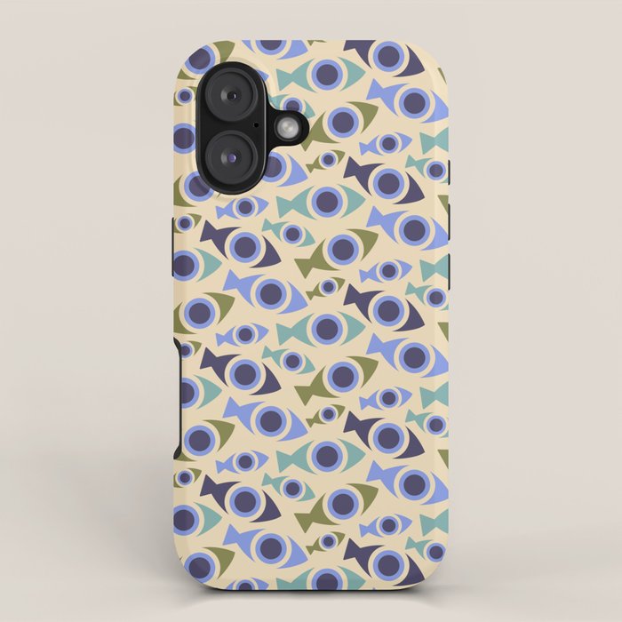 Geometric Fish Pattern - Blue and Olive iPhone Case Gallery Image 1