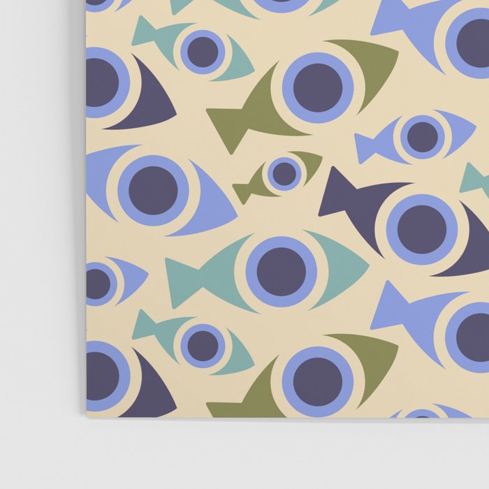 Geometric Fish Pattern - Blue and Olive Poster Gallery Image 3