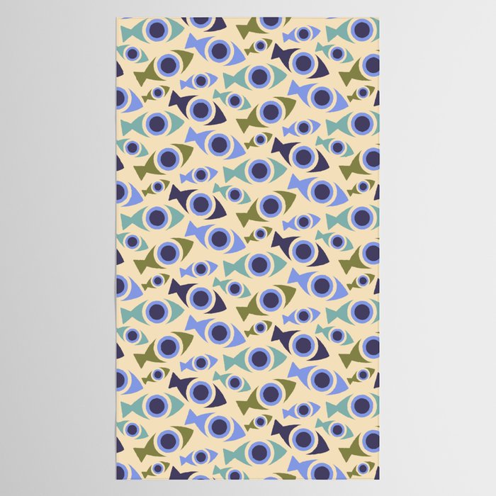 Geometric Fish Pattern - Blue and Olive Tablecloth Gallery Image 2