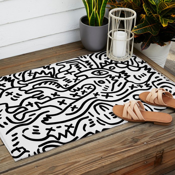 Graffiti Street Art Black and White Outdoor Rug Gallery Image 2