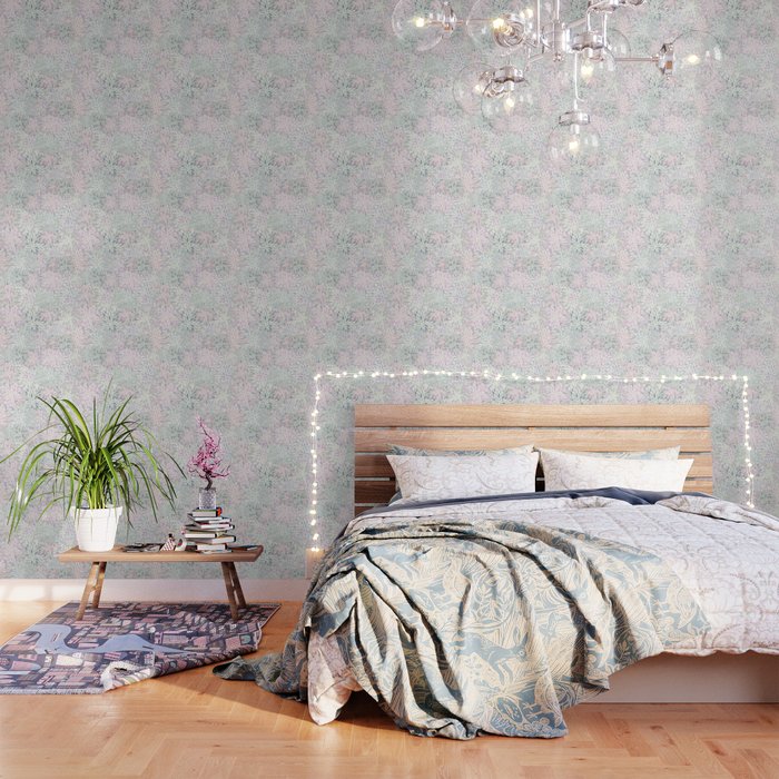 Festive, Floral Prints, Pink and Green, Modern Print Art Wallpaper Gallery Image 1