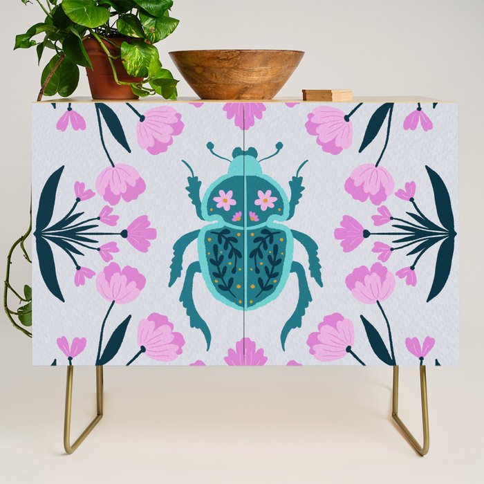Beetle and flowers - pink and turquoise Credenza Gallery Image 1