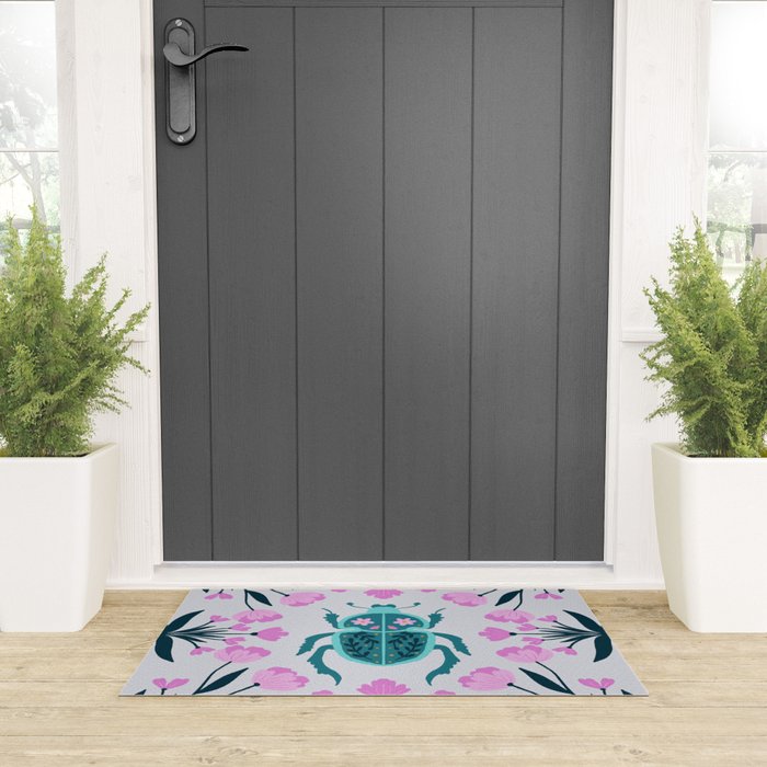 Beetle and flowers - pink and turquoise Welcome Mat Gallery Image 3