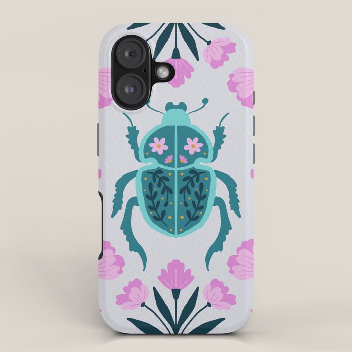 Beetle and flowers - pink and turquoise iPhone Case Gallery Image 1