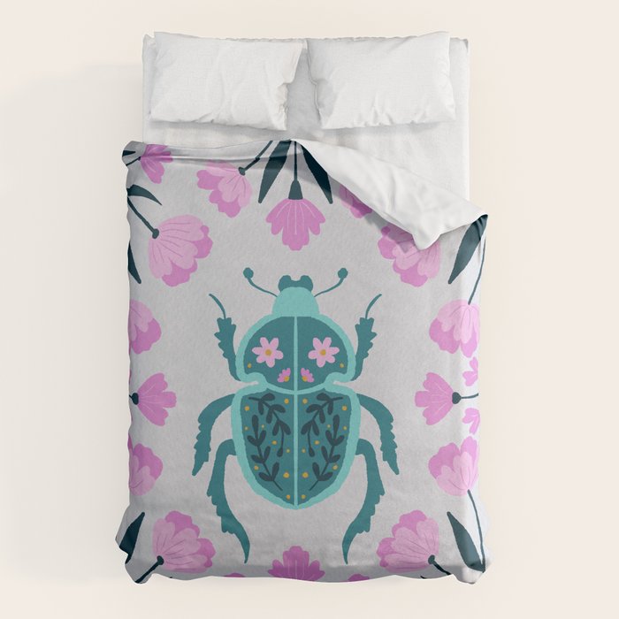 Beetle and flowers - pink and turquoise Duvet Cover Gallery Image 1