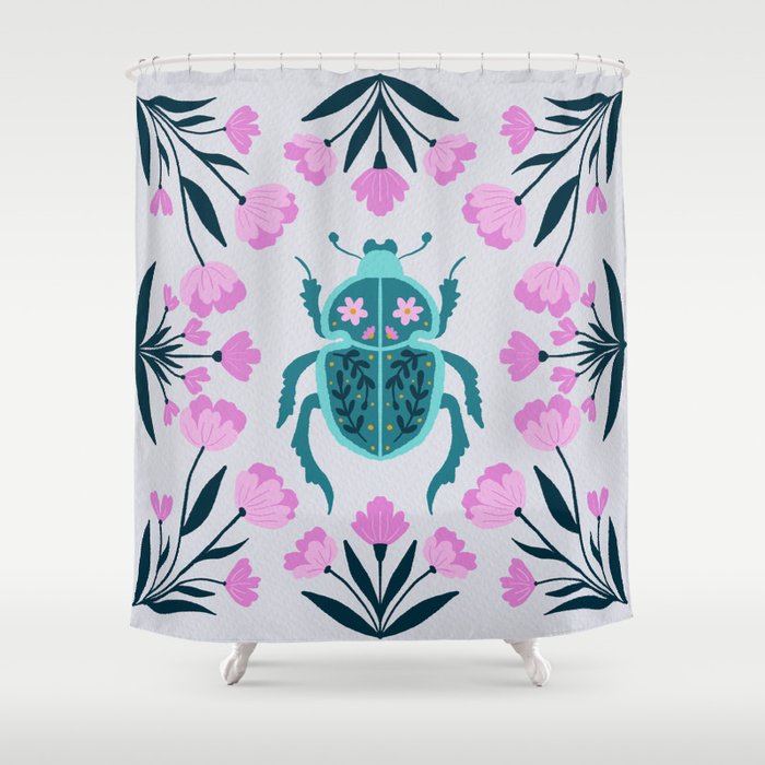 Beetle and flowers - pink and turquoise Shower Curtain Gallery Image 1