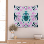 Beetle and flowers - pink and turquoise Wall Tapestry Gallery Image 2