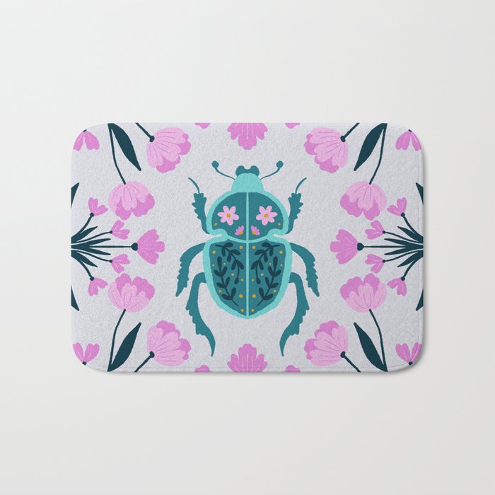 Beetle and flowers - pink and turquoise Bath Mat Gallery Image 1