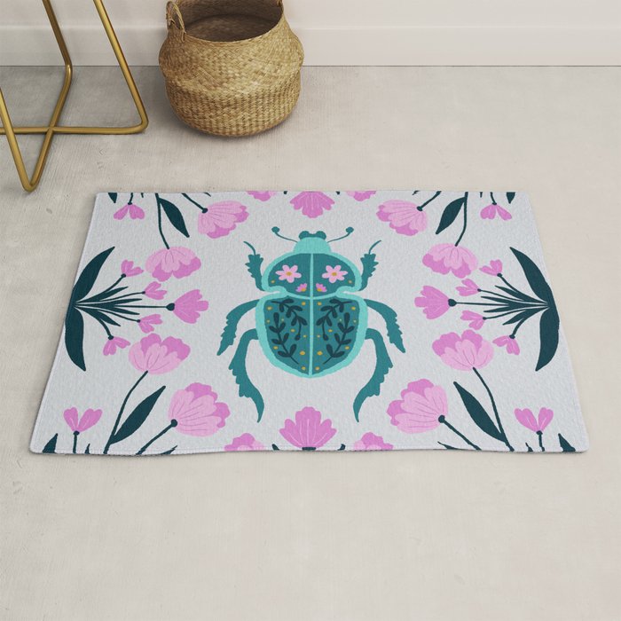 Beetle and flowers - pink and turquoise Rug Gallery Image 1