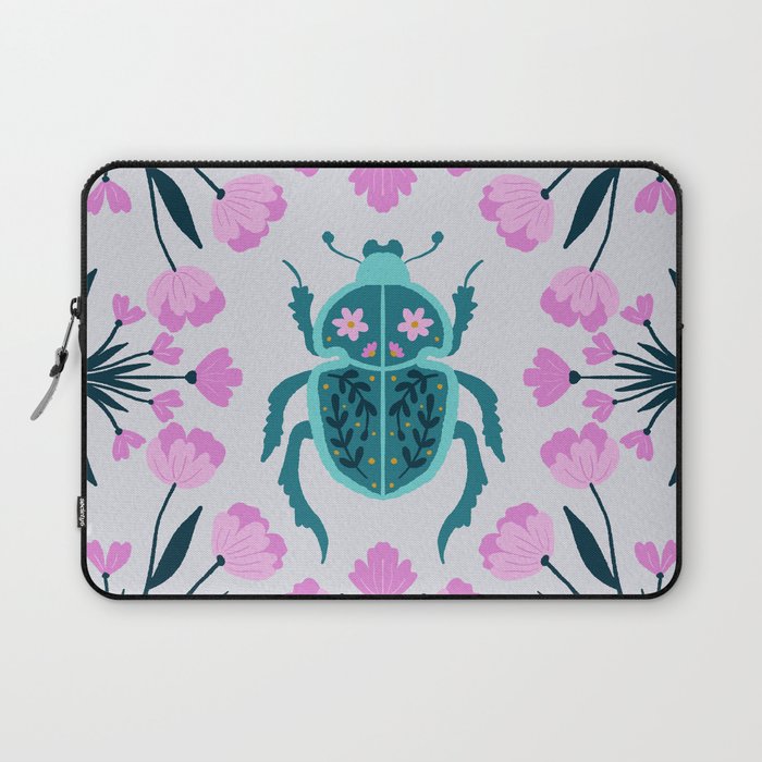Beetle and flowers - pink and turquoise Laptop Sleeve Gallery Image 1