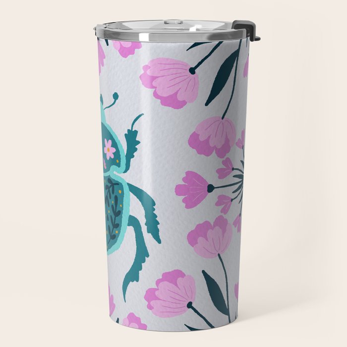 Beetle and flowers - pink and turquoise Travel Mug Gallery Image 2