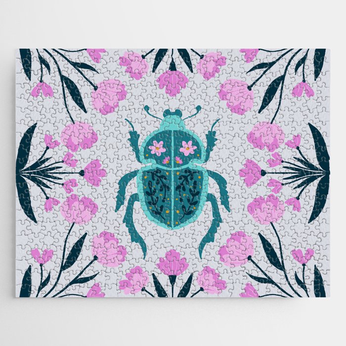 Beetle and flowers - pink and turquoise Jigsaw Puzzle Gallery Image 1