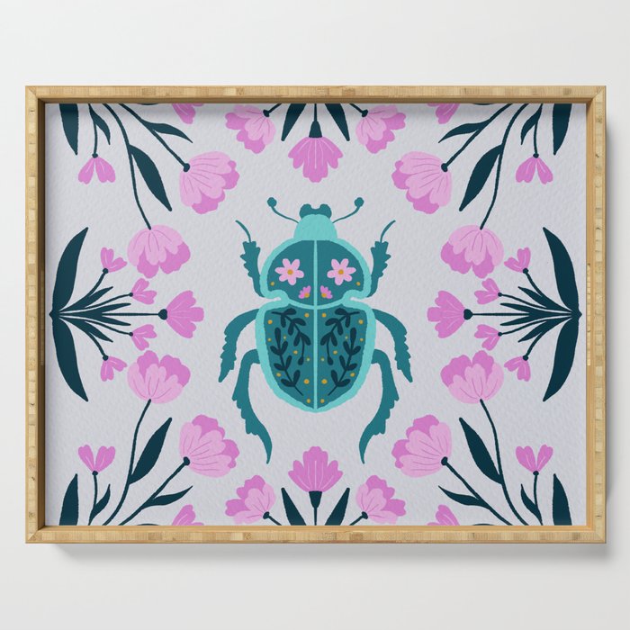 Beetle and flowers - pink and turquoise Serving Tray Gallery Image 1