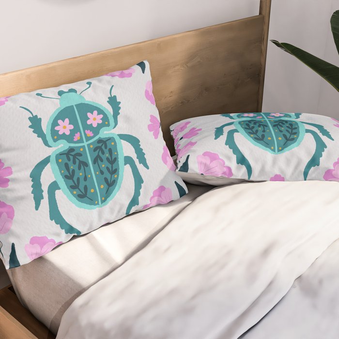 Beetle and flowers - pink and turquoise Pillow Sham Gallery Image 2
