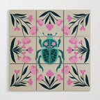Beetle and flowers - pink and turquoise Wood Wall Art Gallery Image 1