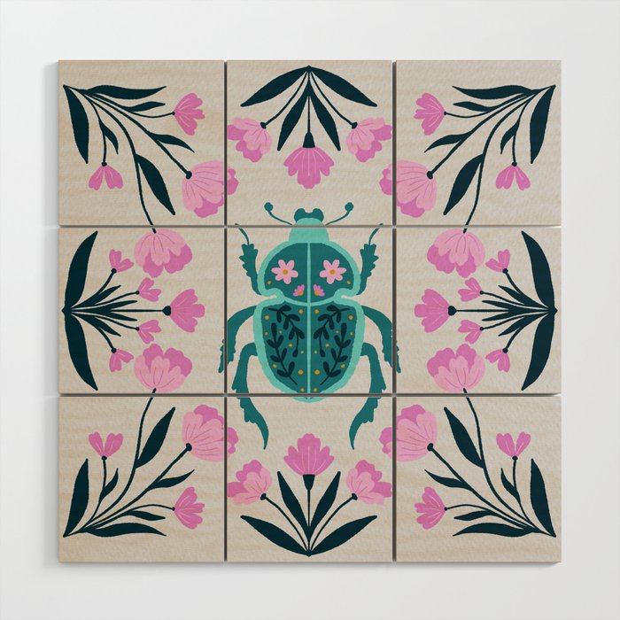 Beetle and flowers - pink and turquoise Wood Wall Art Gallery Image 1