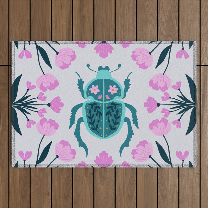 Beetle and flowers - pink and turquoise Outdoor Rug Gallery Image 1