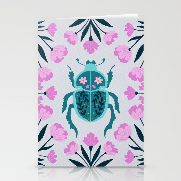 Beetle and flowers - pink and turquoise Stationery Card Gallery Image 2