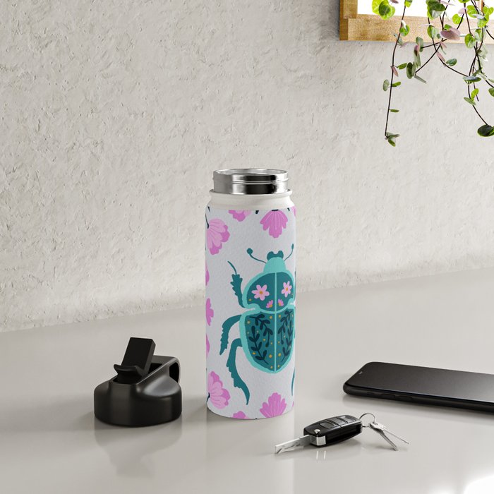 Beetle and flowers - pink and turquoise Water Bottle Gallery Image 4