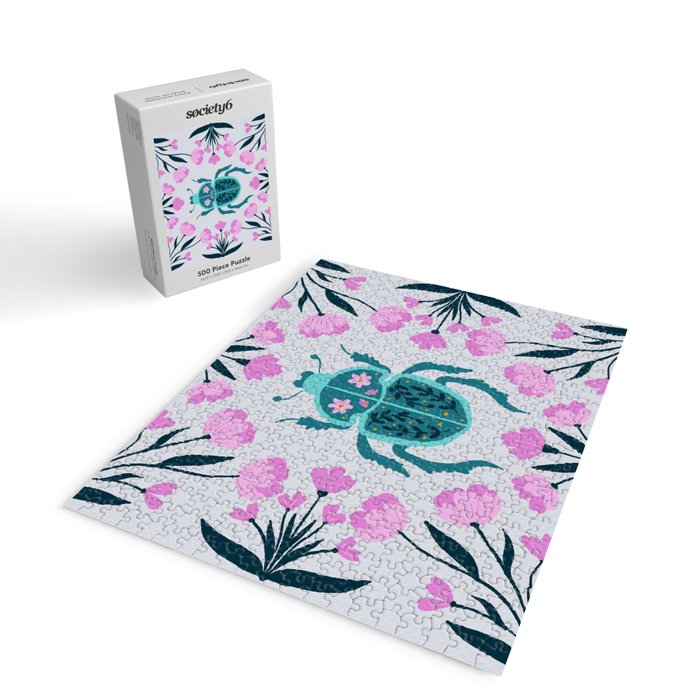 Beetle and flowers - pink and turquoise Jigsaw Puzzle Gallery Image 2