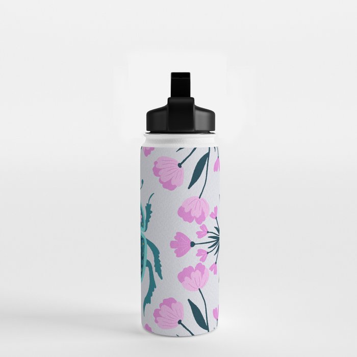 Beetle and flowers - pink and turquoise Water Bottle Gallery Image 2