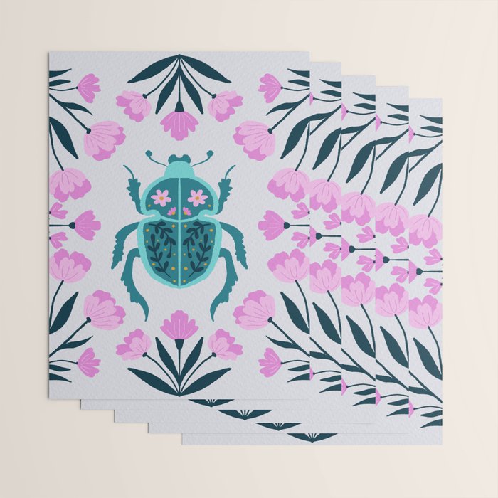 Beetle and flowers - pink and turquoise Wrapping Paper Gallery Image 3