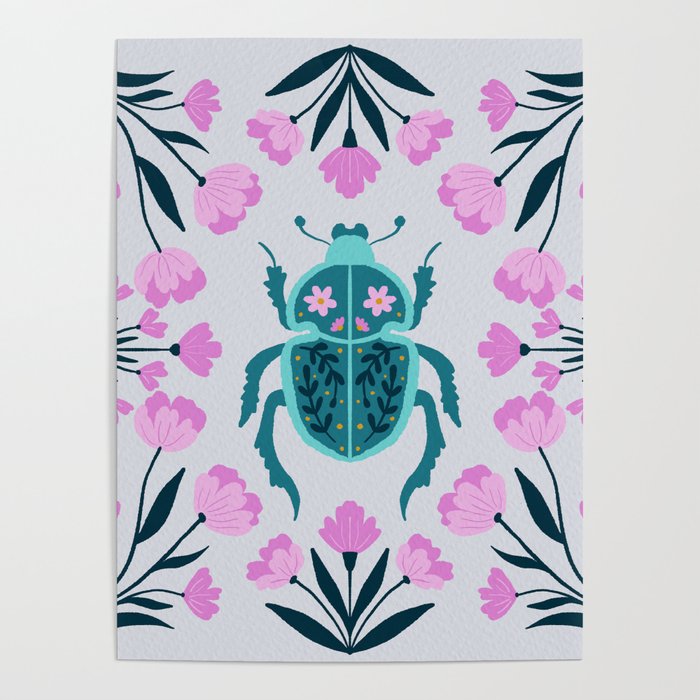 Beetle and flowers - pink and turquoise Poster Gallery Image 4