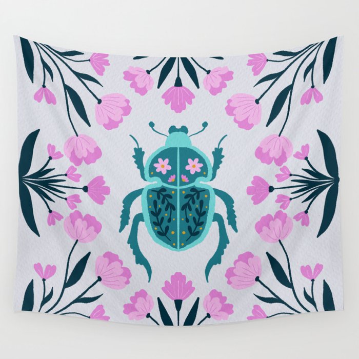 Beetle and flowers - pink and turquoise Wall Tapestry Gallery Image 4