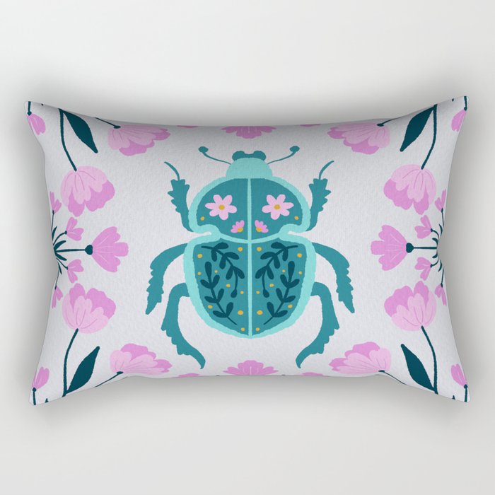 Beetle and flowers - pink and turquoise Rectangular Pillow Gallery Image 1