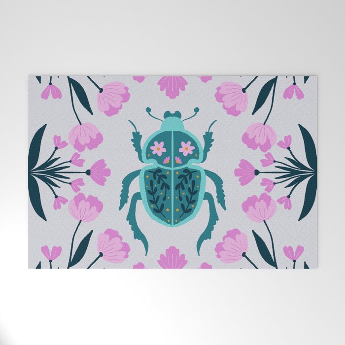 Beetle and flowers - pink and turquoise Welcome Mat Gallery Image 1