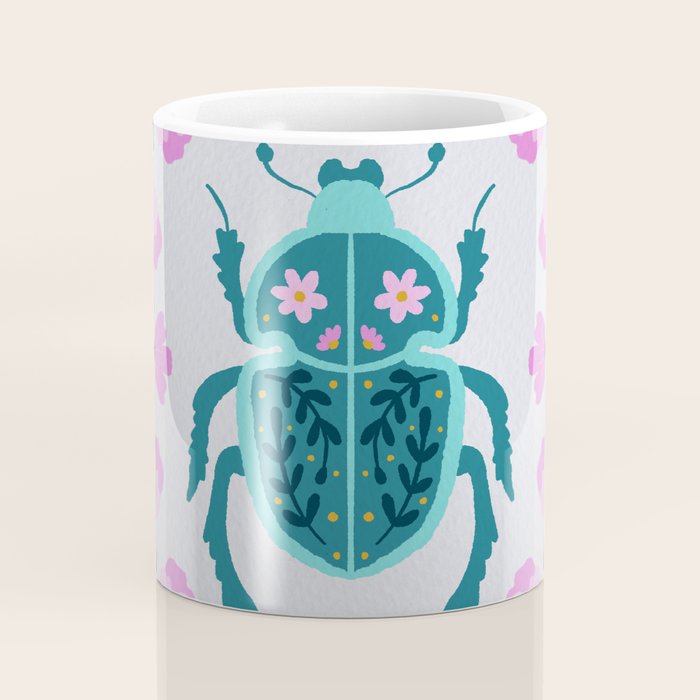Beetle and flowers - pink and turquoise Coffee Mug Gallery Image 4
