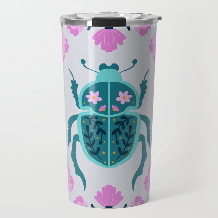 Beetle and flowers - pink and turquoise Travel Mug Gallery Image 1