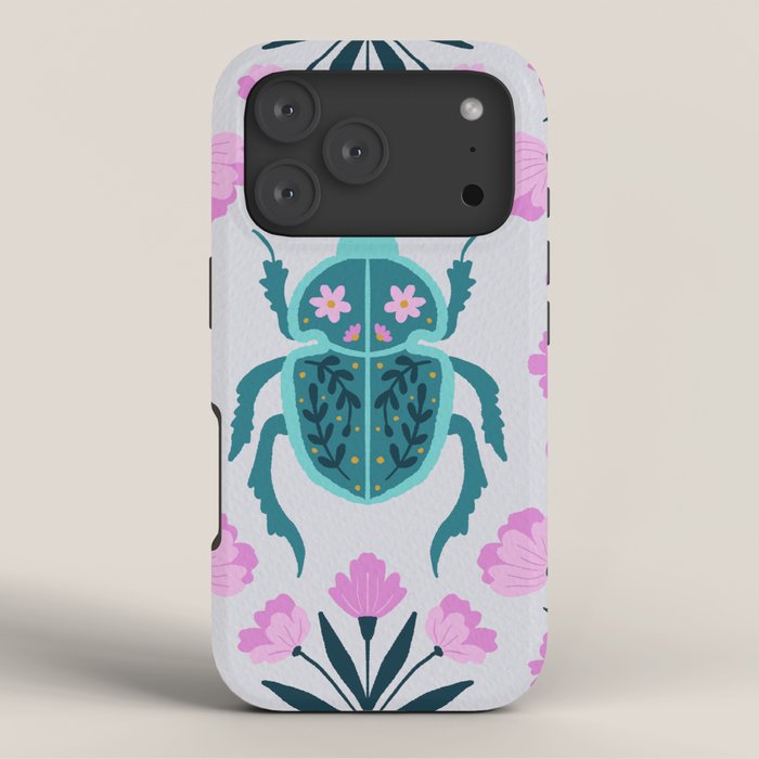Beetle and flowers - pink and turquoise iPhone Case Gallery Image 3