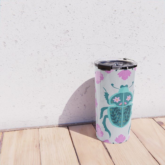 Beetle and flowers - pink and turquoise Travel Mug Gallery Image 4