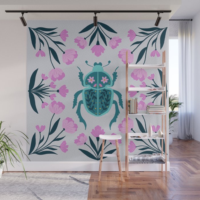 Beetle and flowers - pink and turquoise Wall Mural Gallery Image 1