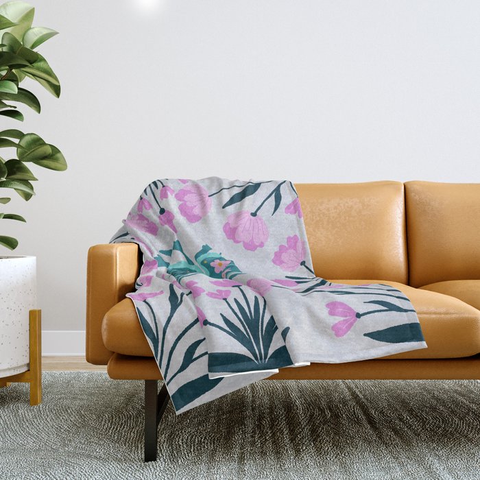 Beetle and flowers - pink and turquoise Throw Blanket Gallery Image 1