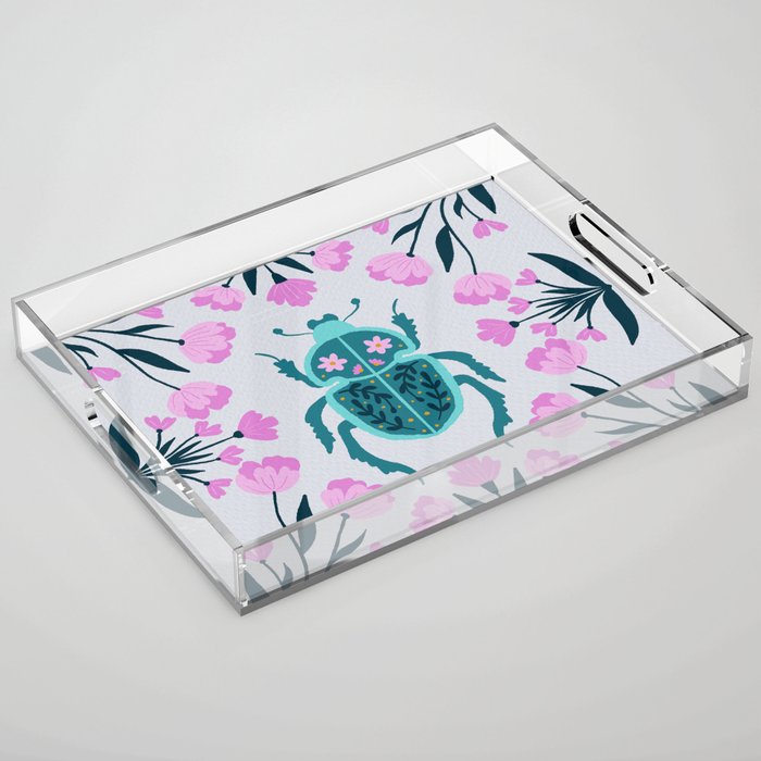 Beetle and flowers - pink and turquoise Acrylic Tray Gallery Image 1