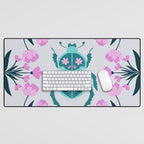 Beetle and flowers - pink and turquoise Desk Mat Gallery Image 1