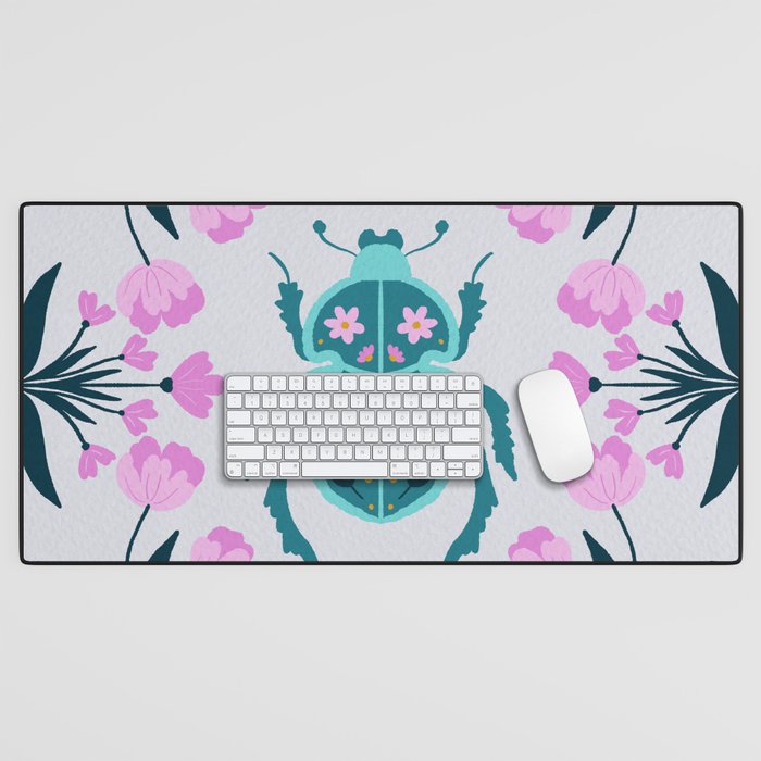 Beetle and flowers - pink and turquoise Desk Mat Gallery Image 1